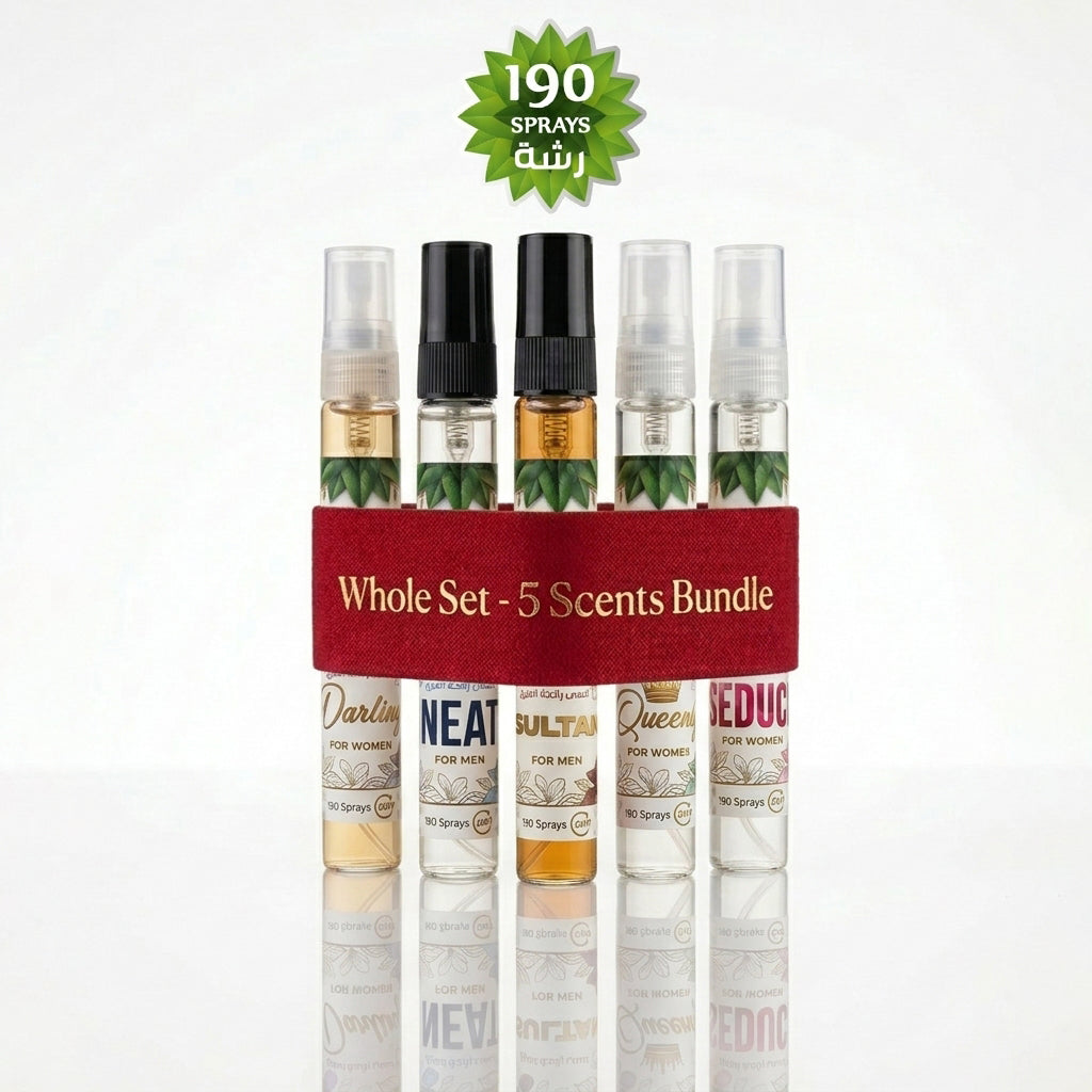 Set of five splash bottles testers with a red band labeled 'Whole Set - 5 Scents Bundle' on a white background.