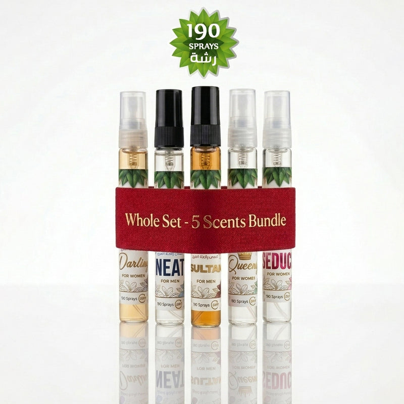 Set of five splash bottles testers with a red band labeled 'Whole Set - 5 Scents Bundle' on a white background.