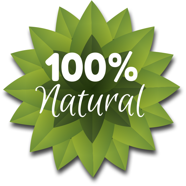 Green leafy design with '100% Natural' text on a white background
